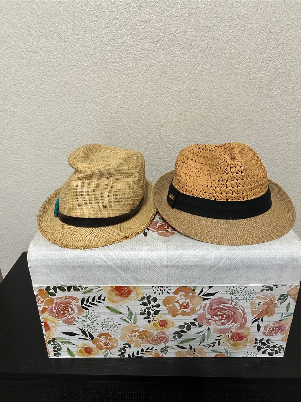 Steve Madden Natural Straw Fedora Hat with Black Band and Straw hat w/Turquoise - Picture 2 of 7